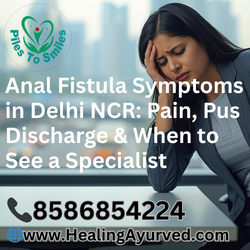 professional woman in a Delhi NCR office shifting uncomfortably in her chair due to anal pain, illustrating symptoms of anal fistula or piles.
