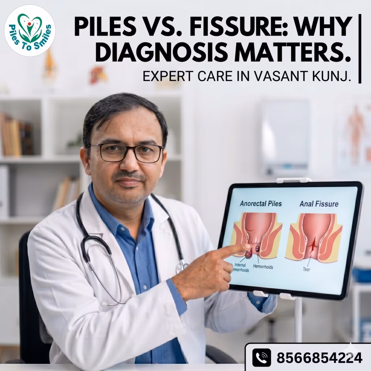 Dr. Ravinder Sharma explaining the clinical differences between Piles and Anal Fissures at Piles To Smiles clinic, Vasant Kunj.