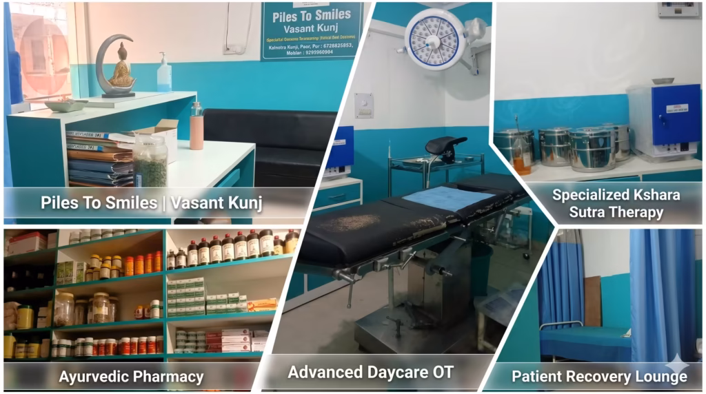 Piles To Smiles proctology clinic in Vasant Kunj, South Delhi, showcasing advanced daycare operation theater for piles, fissure, and fistula treatment, specialized Ksharsutra therapy equipment, and Ayurvedic medicines pharmacy setup.