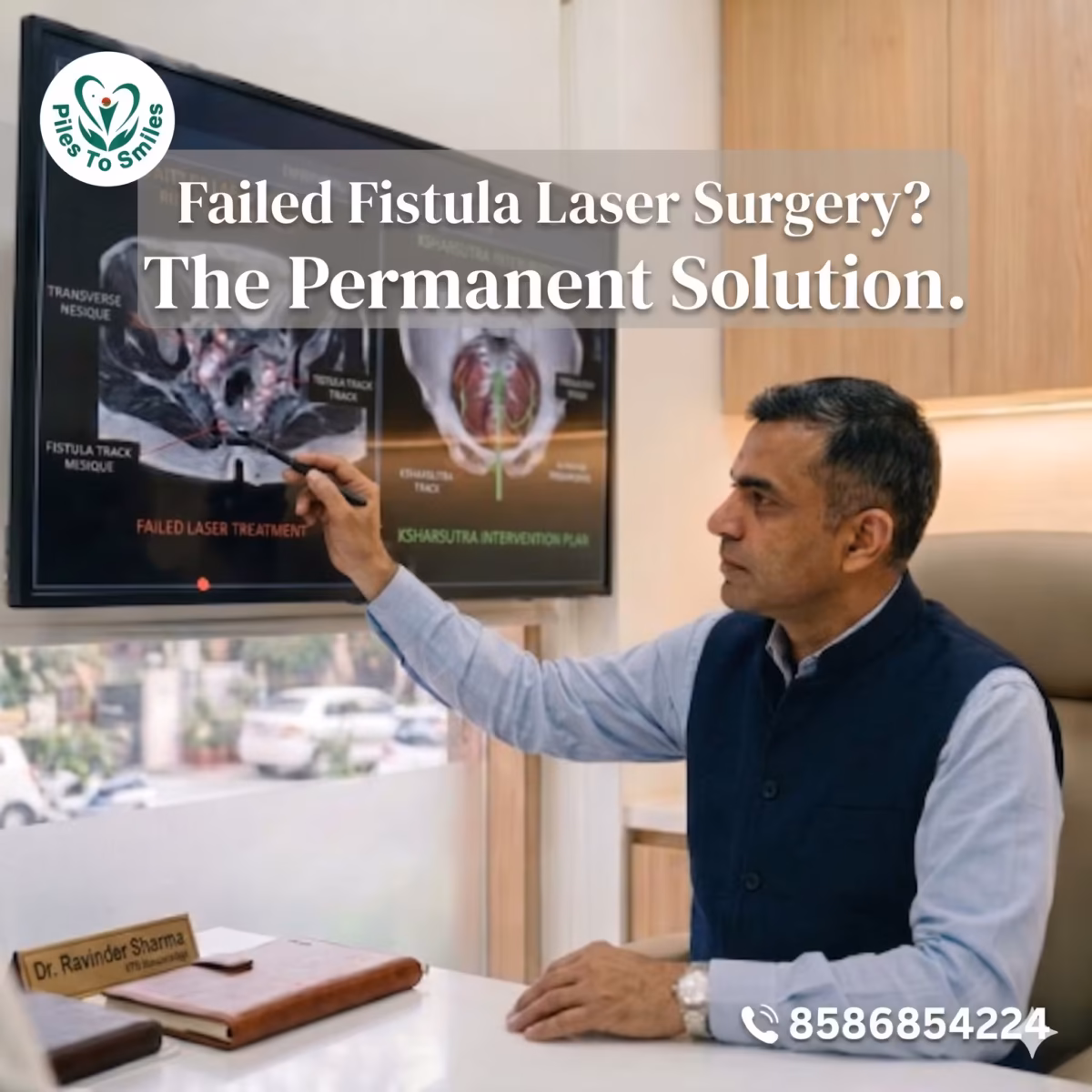 Dr. Ravinder Sharma analyzing a failed fistula laser MRI vs a Ksharsutra treatment plan at Piles To Smiles clinic, Vasant Kunj, South Delhi.