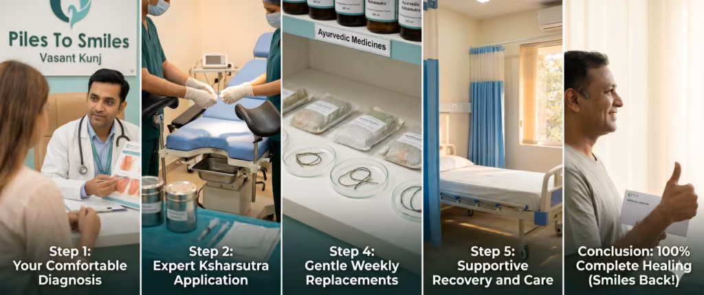 Step-by-step anal fistula healing journey at Piles To Smiles clinic in Vasant Kunj New Delhi, illustrating medical consultation diagnosis, expert Ksharsutra thread application, gentle weekly replacements, recovery lounge care, and complete recovery.