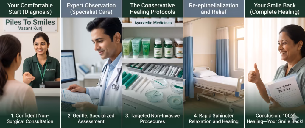 Multi-pane visual guide for non-surgical anal fissure treatment at Piles To Smiles clinic in Vasant Kunj, South Delhi, showcasing medical consultation, conservative healing protocols, sphincter relaxation management, and complete recovery.
