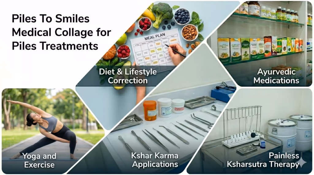 Comprehensive piles treatment modalities at Piles To Smiles clinic in Vasant Kunj, South Delhi, including diet and lifestyle correction, yoga, specialized Ayurvedic medications, Kshar Karma applications, and painless Ksharsutra therapy.