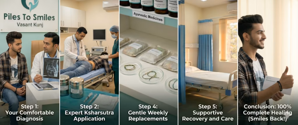 Step-by-step pilonidal sinus healing journey using Ksharsutra treatment at Piles To Smiles clinic in Vasant Kunj, South Delhi, showing initial clinic consultation, specialist proctologist assessment, precise initial thread application, gentle weekly replacements, and a happy recovered family.
