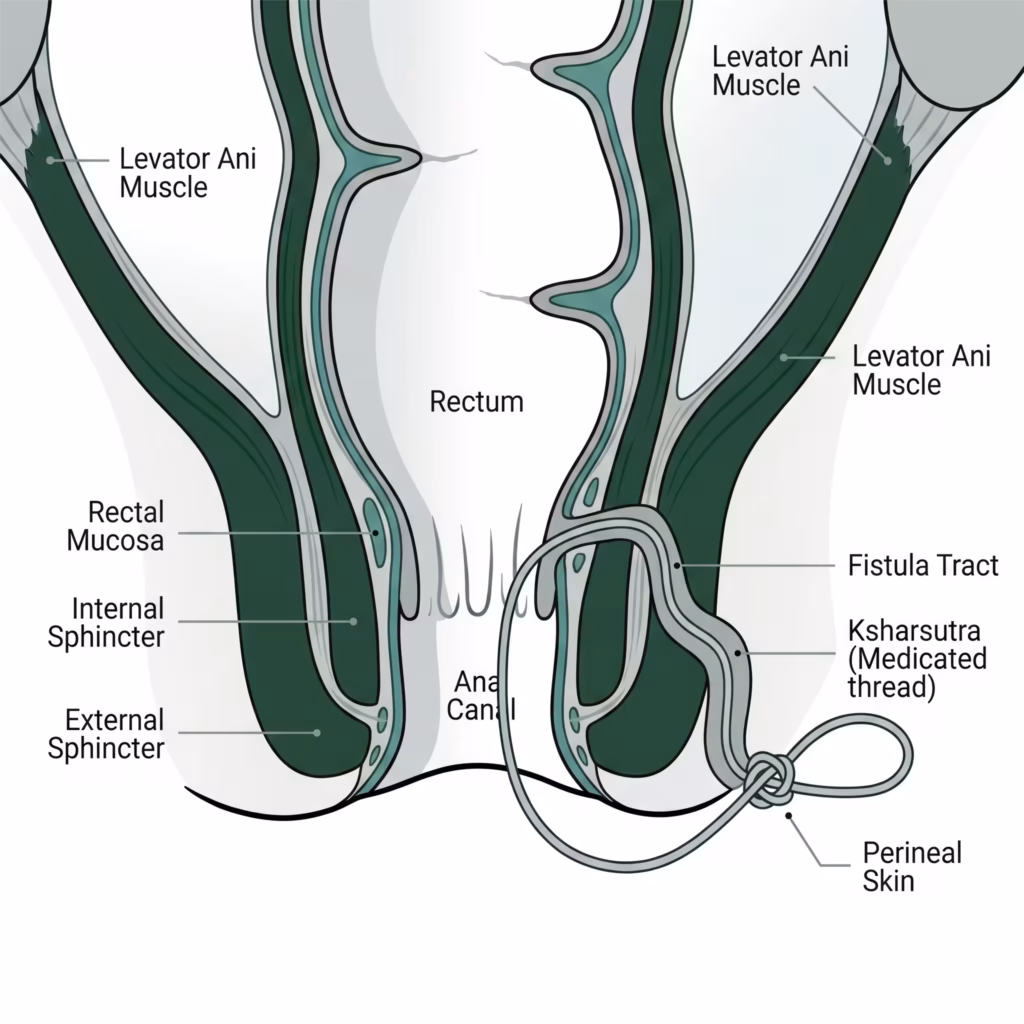 Advanced Ksharsutra therapy loop schematic for non-surgical fistula treatment at Piles To Smiles clinic in South Delhi.